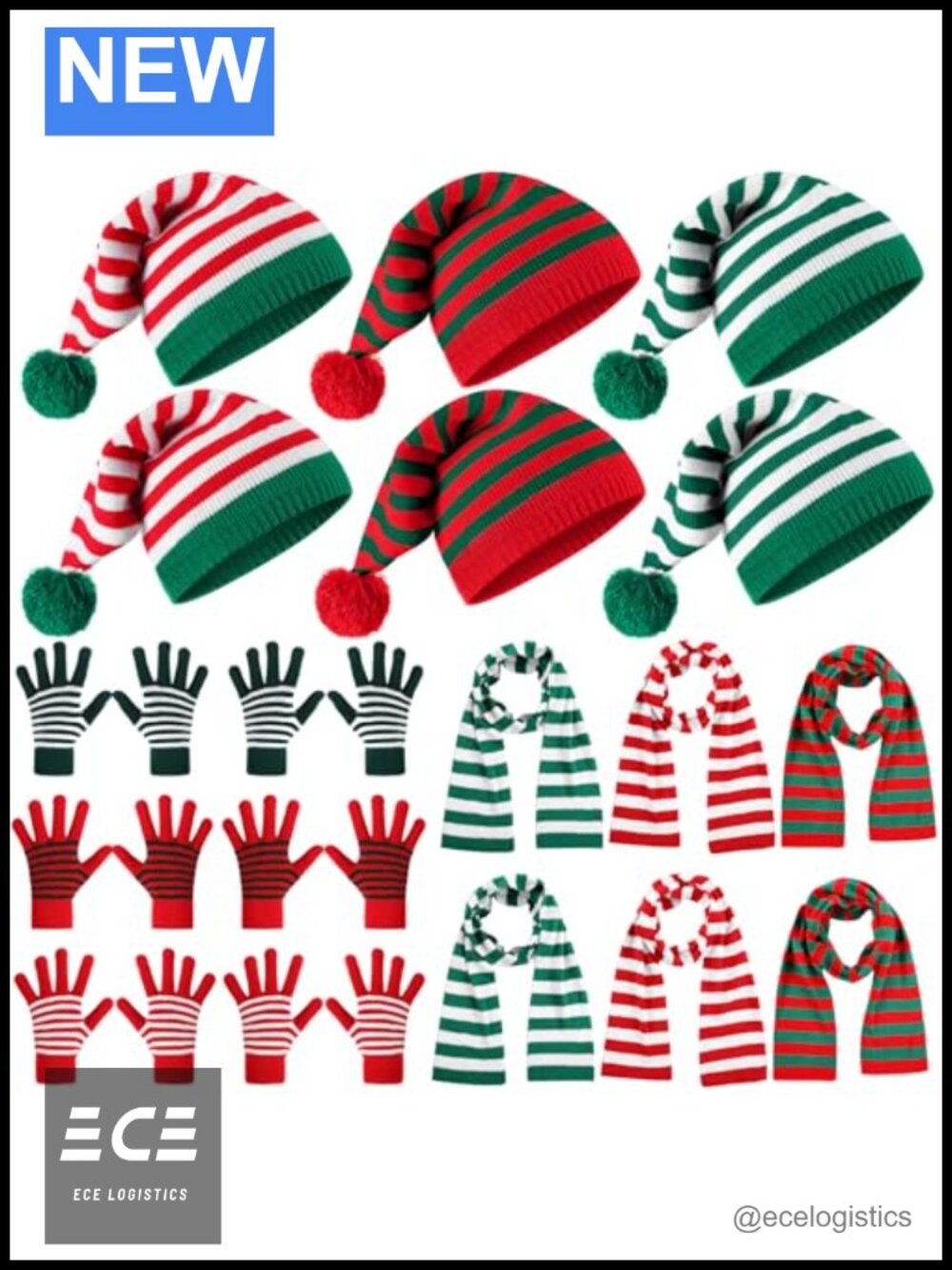 18 Pc Knitted Hat Scarf Gloves Set Christmas Winter Striped Pom